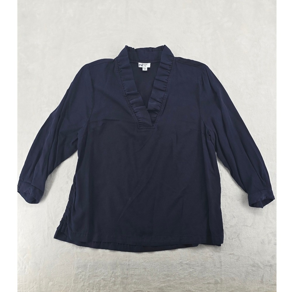 Crown‎ & Ivy Blouse Womens PXL Top Navy Blue Ruffle V-Neck 3/4 Sleeve Cotton